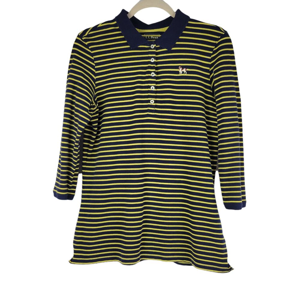 LL Bean Striped Top Womens Size M 3/4 Sleeve Black Yellow with Embroidered Dog